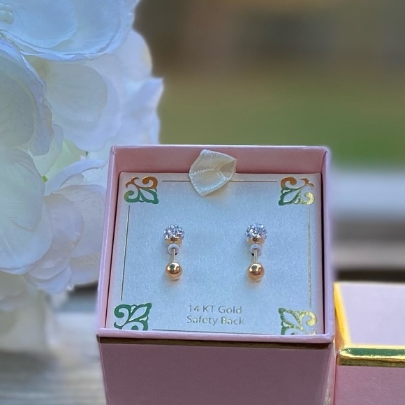 NWT NIB CHILDREN’S CRYSTAL FIREBALL AND GOLD BALL REVERSIBLE STUD EARRINGS - Picture 1 of 9